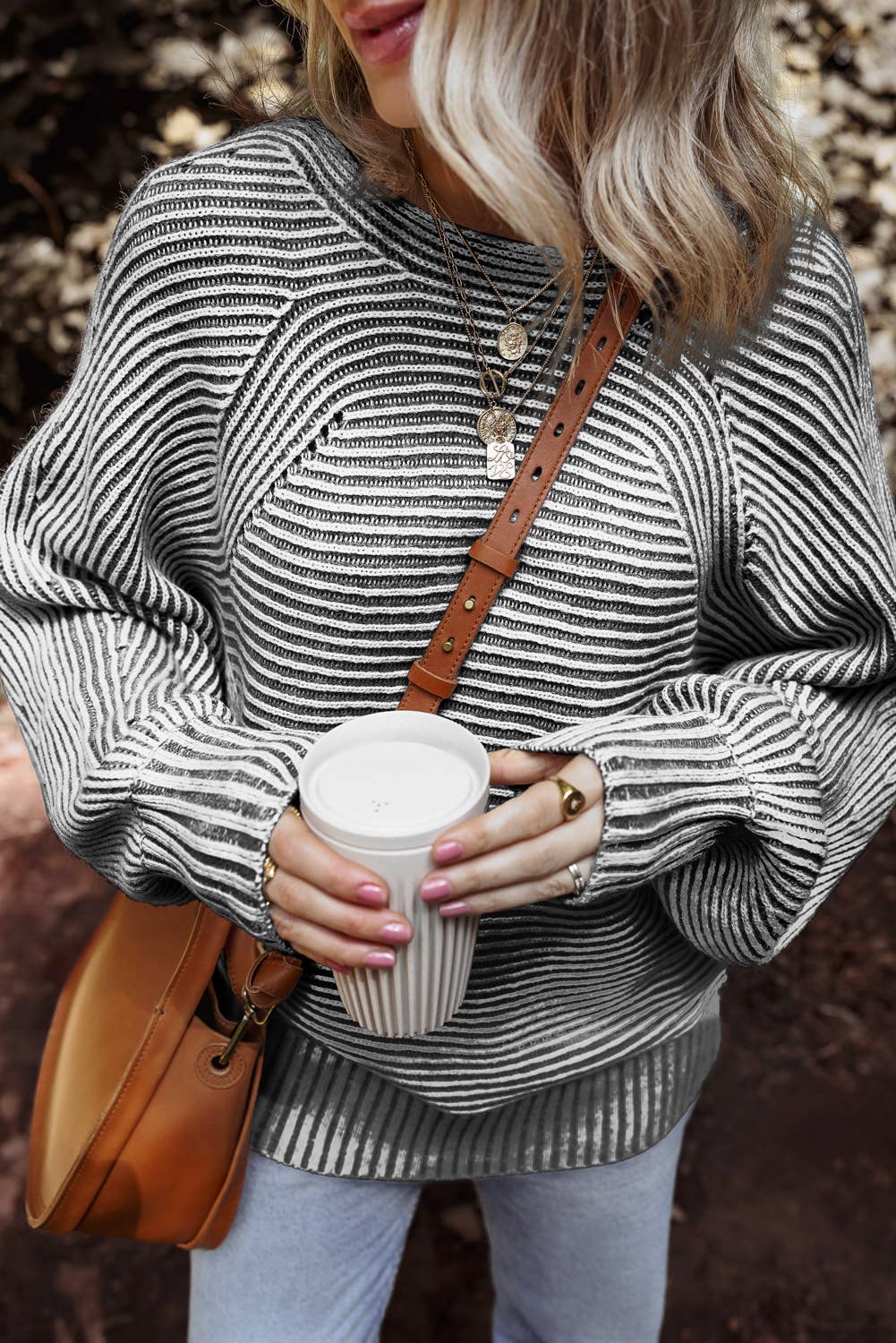 Striped Print Ribbed Knit Boat Neck Baggy Sweater: Black