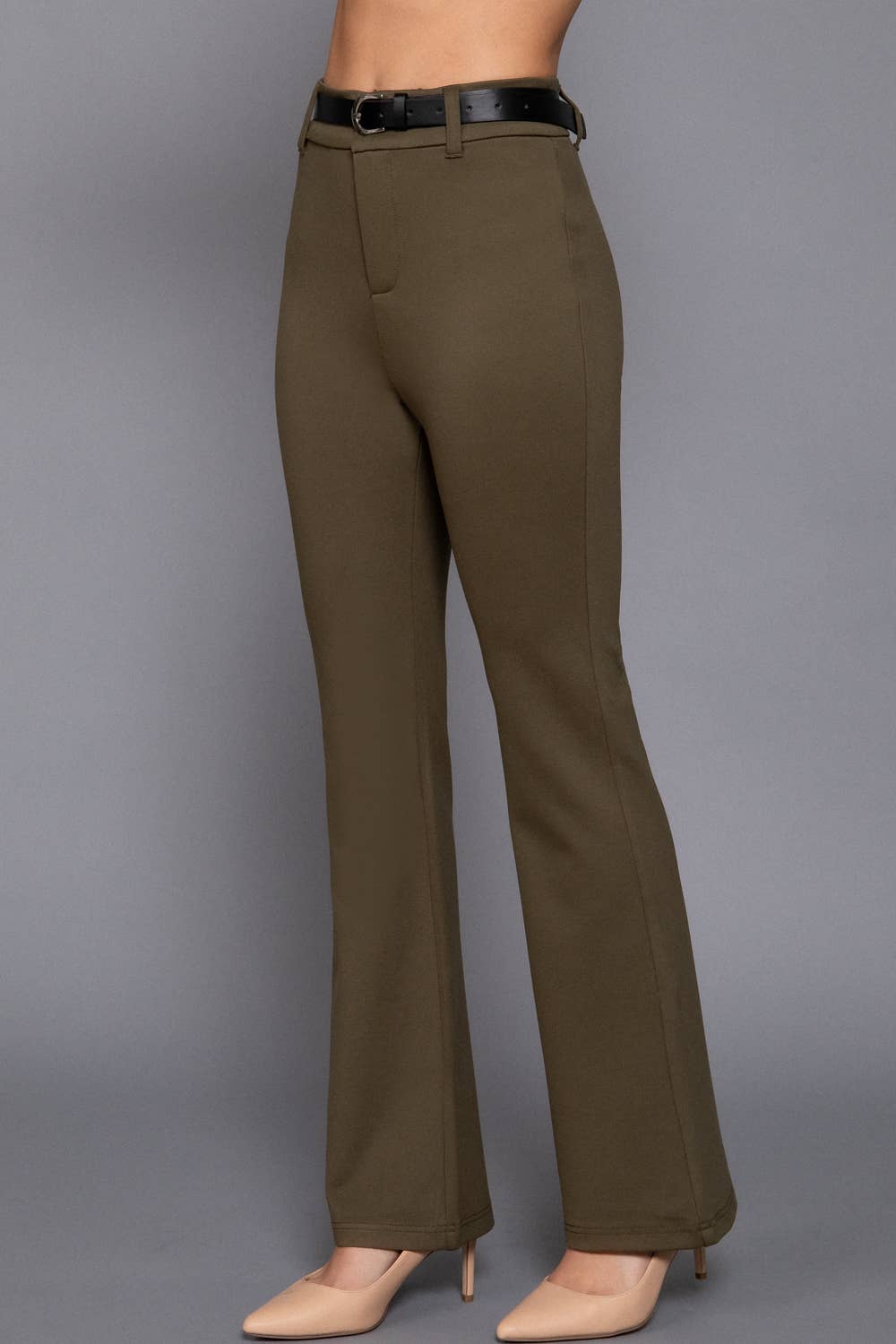 Semi Flare Ponte Pants with Leather Belt: BLK-black / L