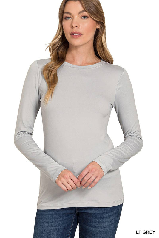 Brushed Microfiber Long Sleeve Round Neck Tee: LT GREY
