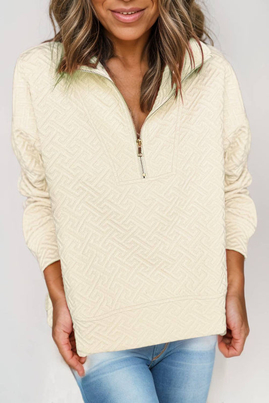 Textured Pick * Collared Zipper Front Sweatshirt | S-XL: Apricot / Missy