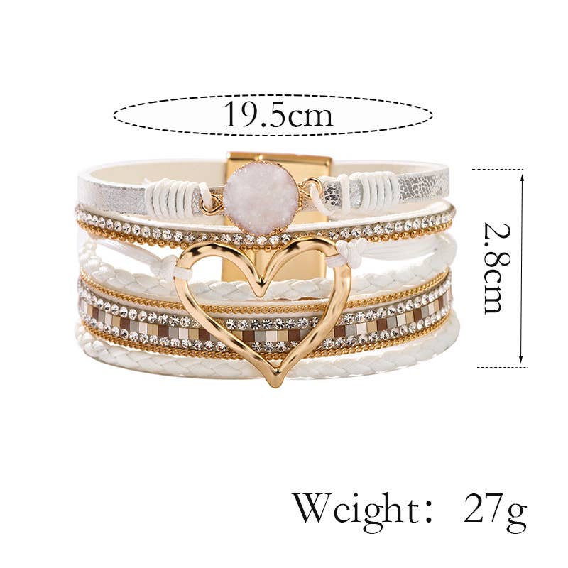 Bohemian Heart Rhinestone Magnetic Buckle Bracelet: White / Alloy / ONE SIZE