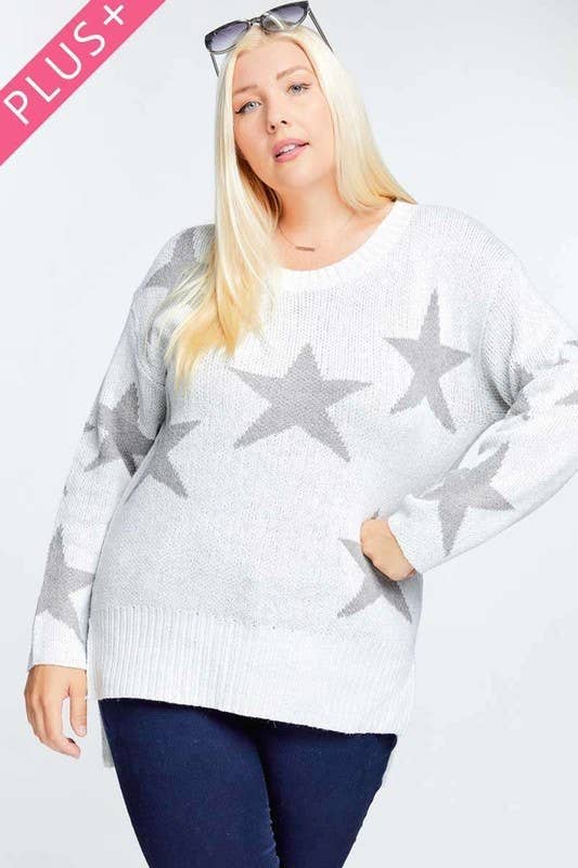 PLUS STAR PRINT LONG SLEEVE ROUND NECK SWEATER: Grey