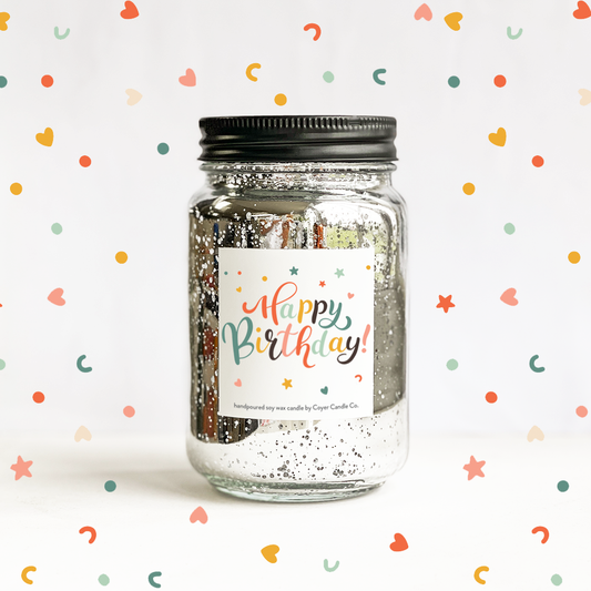 Happy Birthday | 16 oz. Glimmery Candles: Silver / Birthday Confetti / Vanilla Bourbon