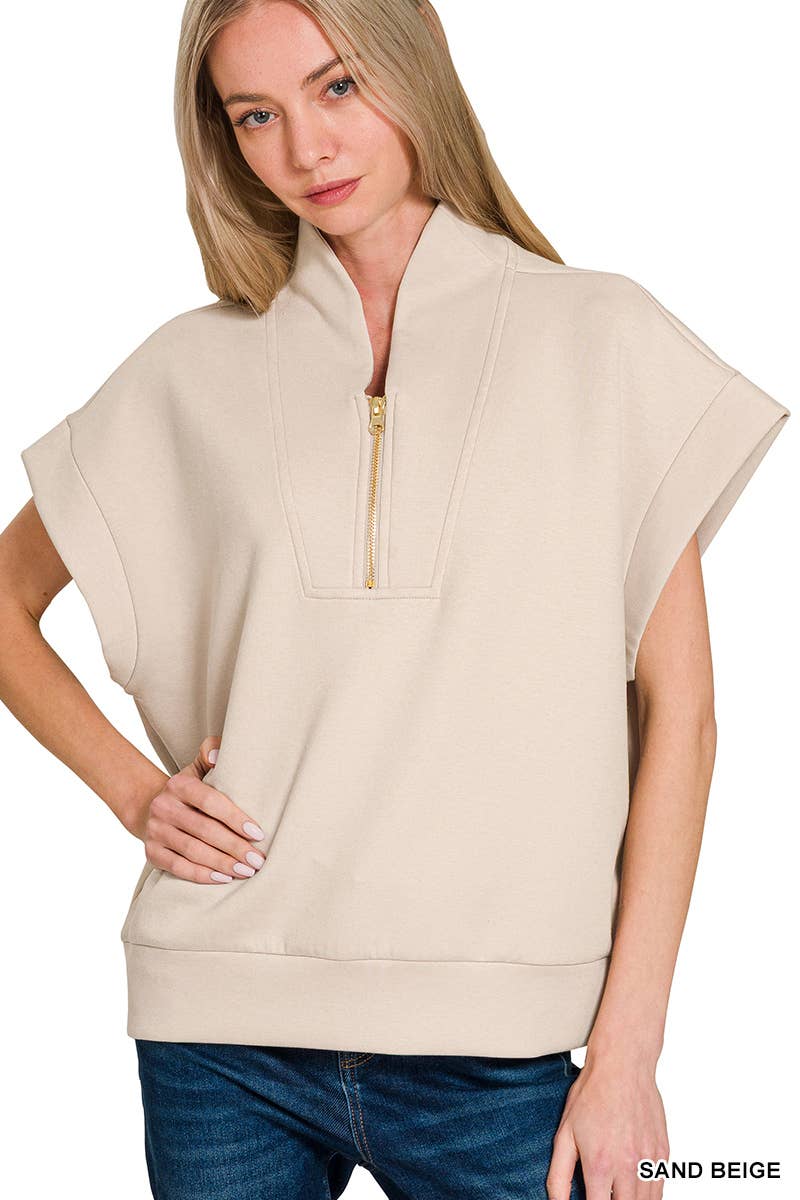 Zenana Scuba High Neck Half Zip Vest: SAND BEIGE