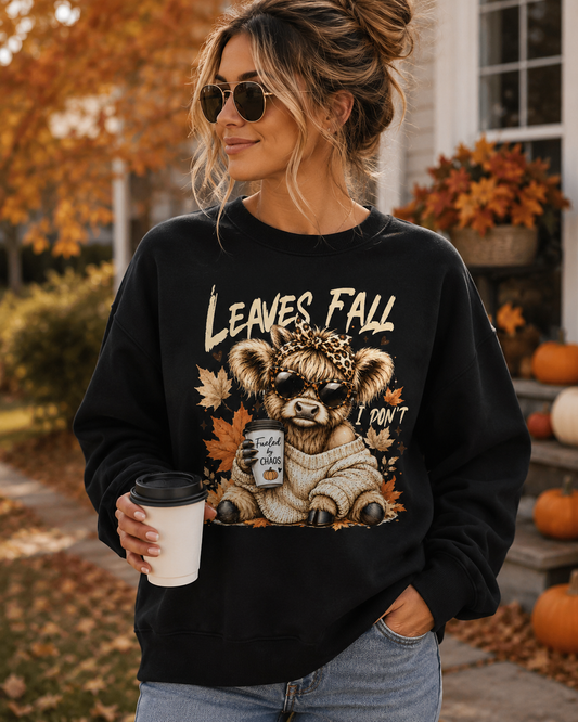 Leaves Fall, I Don't | Funny Highland Cow Fall Sweatshirt