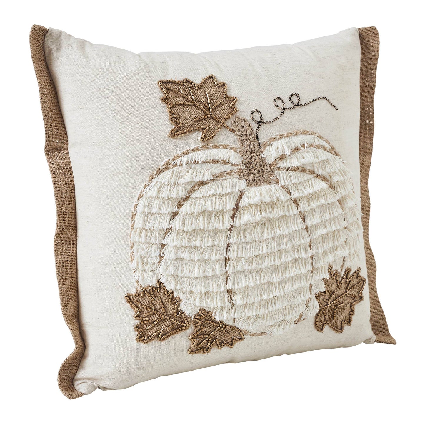 Fall Harvest Farmhouse Embroidered Pumpkin Jute Flange Throw Pillow 18x18