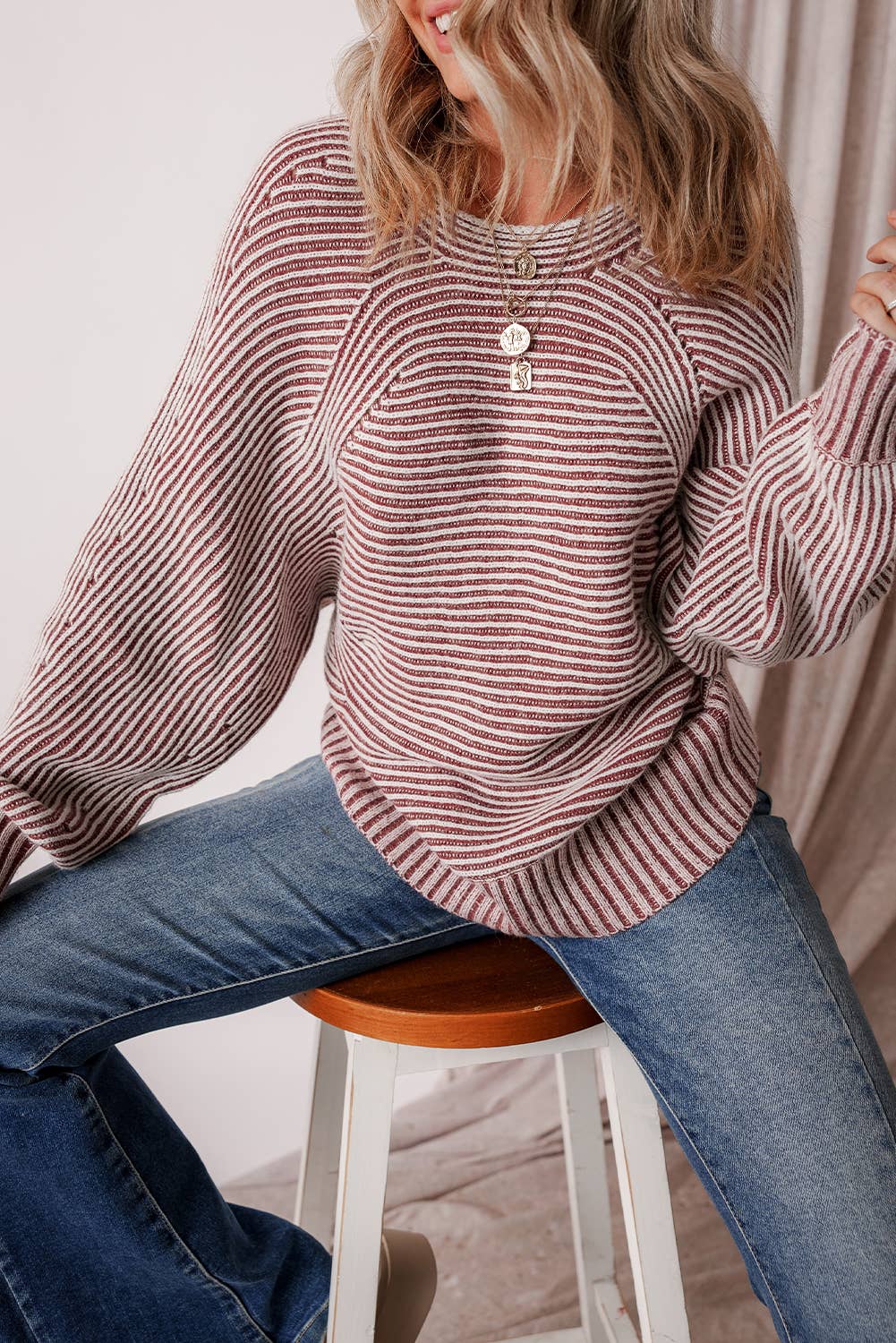 Striped Print Ribbed Knit Boat Neck Baggy Sweater: Red Dahlia