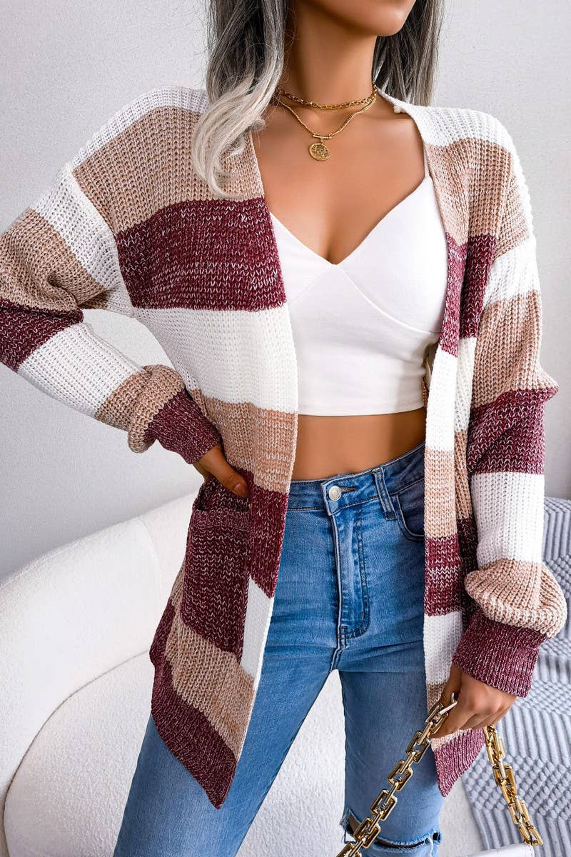 WOMEN COLOR BLOCK OPEN FRONT KNIT CARDIGAN: WINE