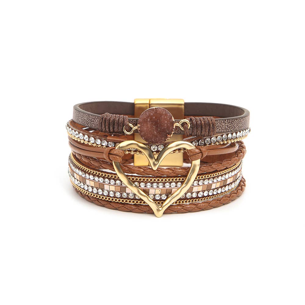Bohemian Heart Rhinestone Magnetic Buckle Bracelet: White / Alloy / ONE SIZE