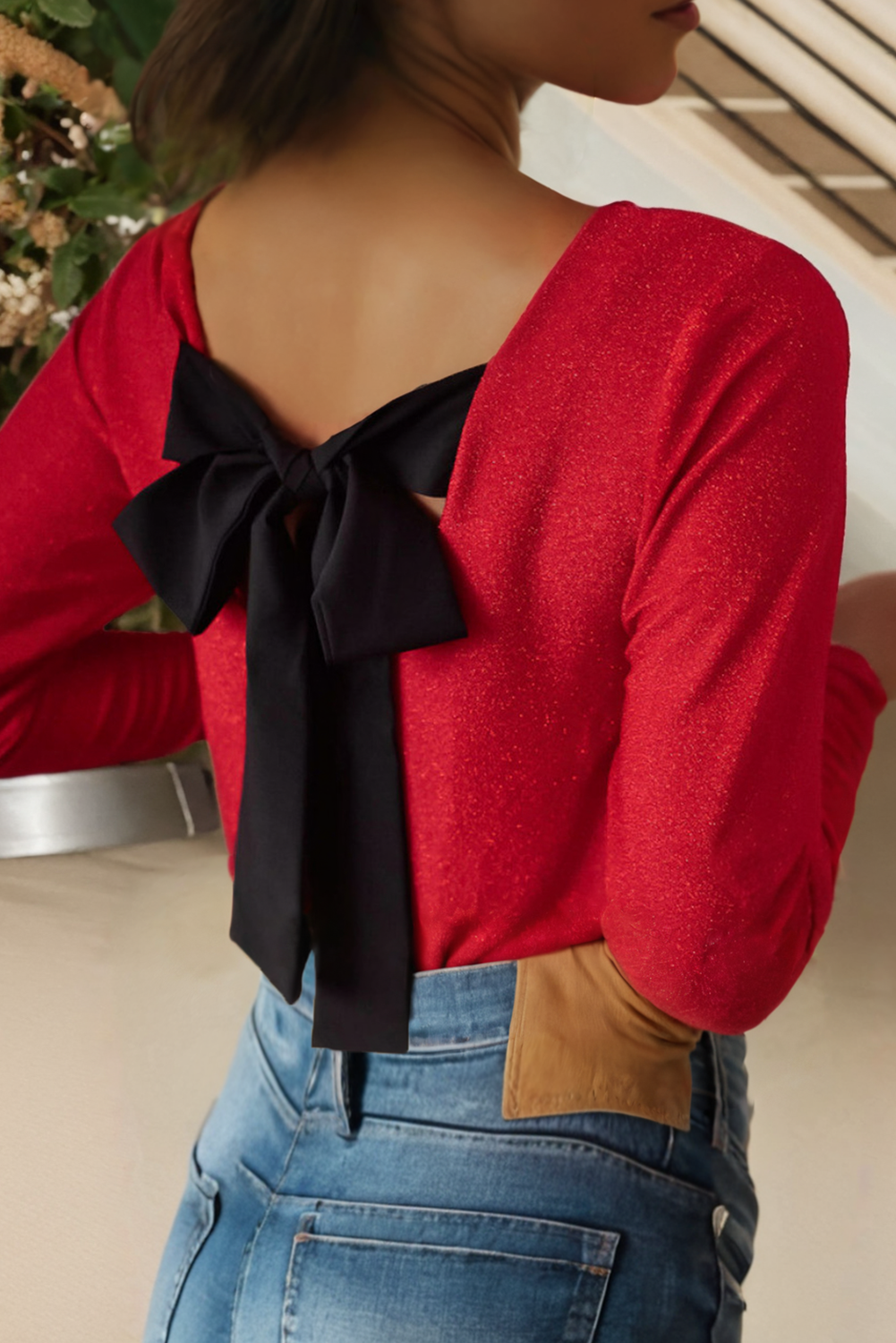 LDC Metallic Bowknot Open Back V Neck Top