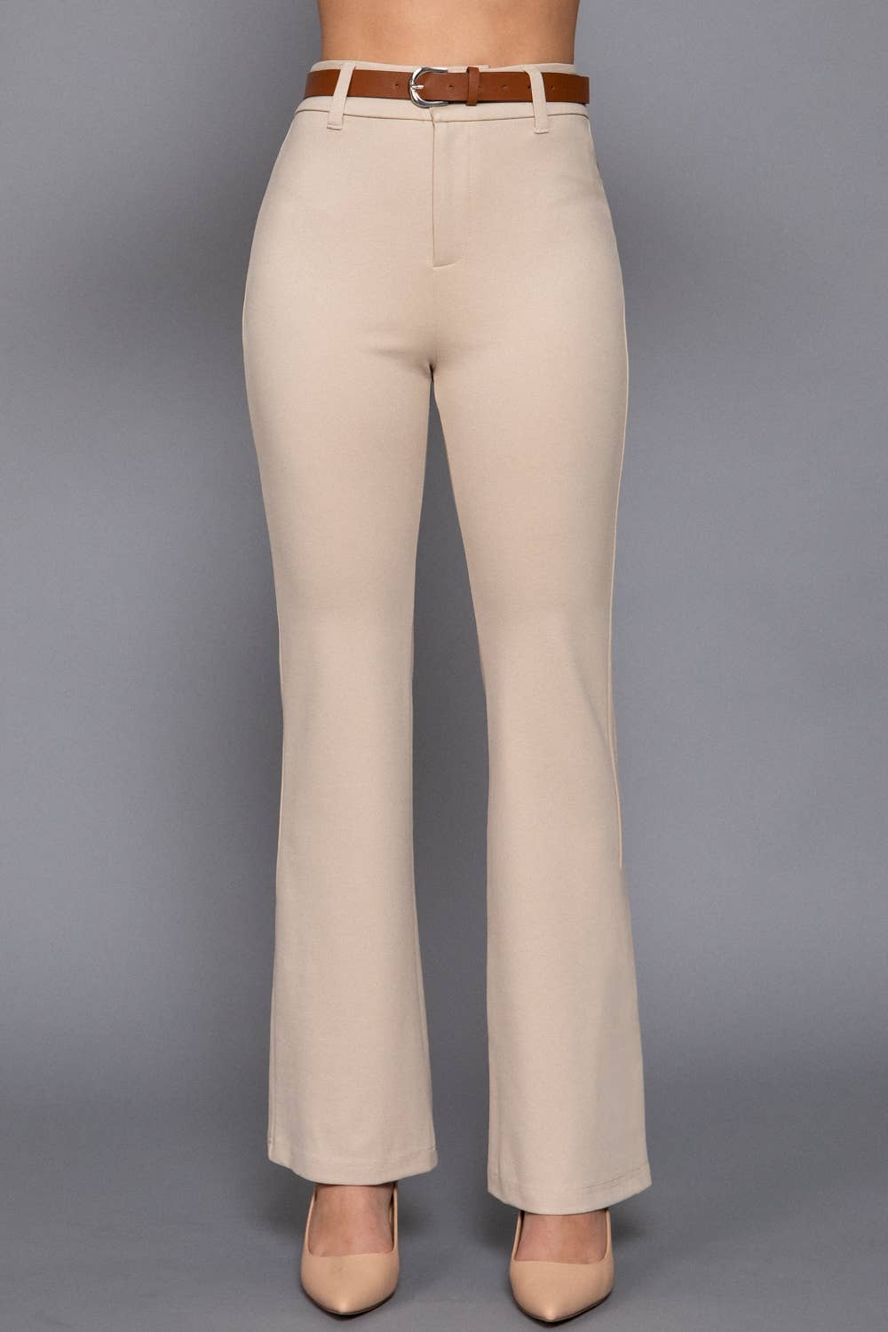 Semi Flare Ponte Pants with Leather Belt: BLK-black / L