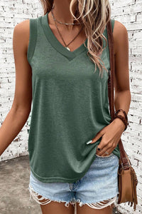 Ribbed Trim V-Neck Tank Top: Mist Green /