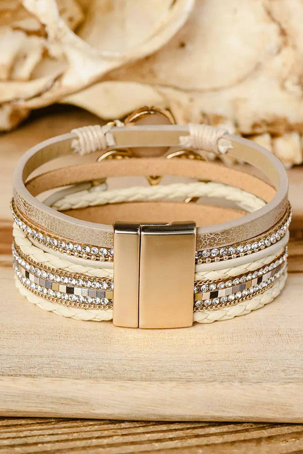 Bohemian Heart Rhinestone Magnetic Buckle Bracelet: White / Alloy / ONE SIZE