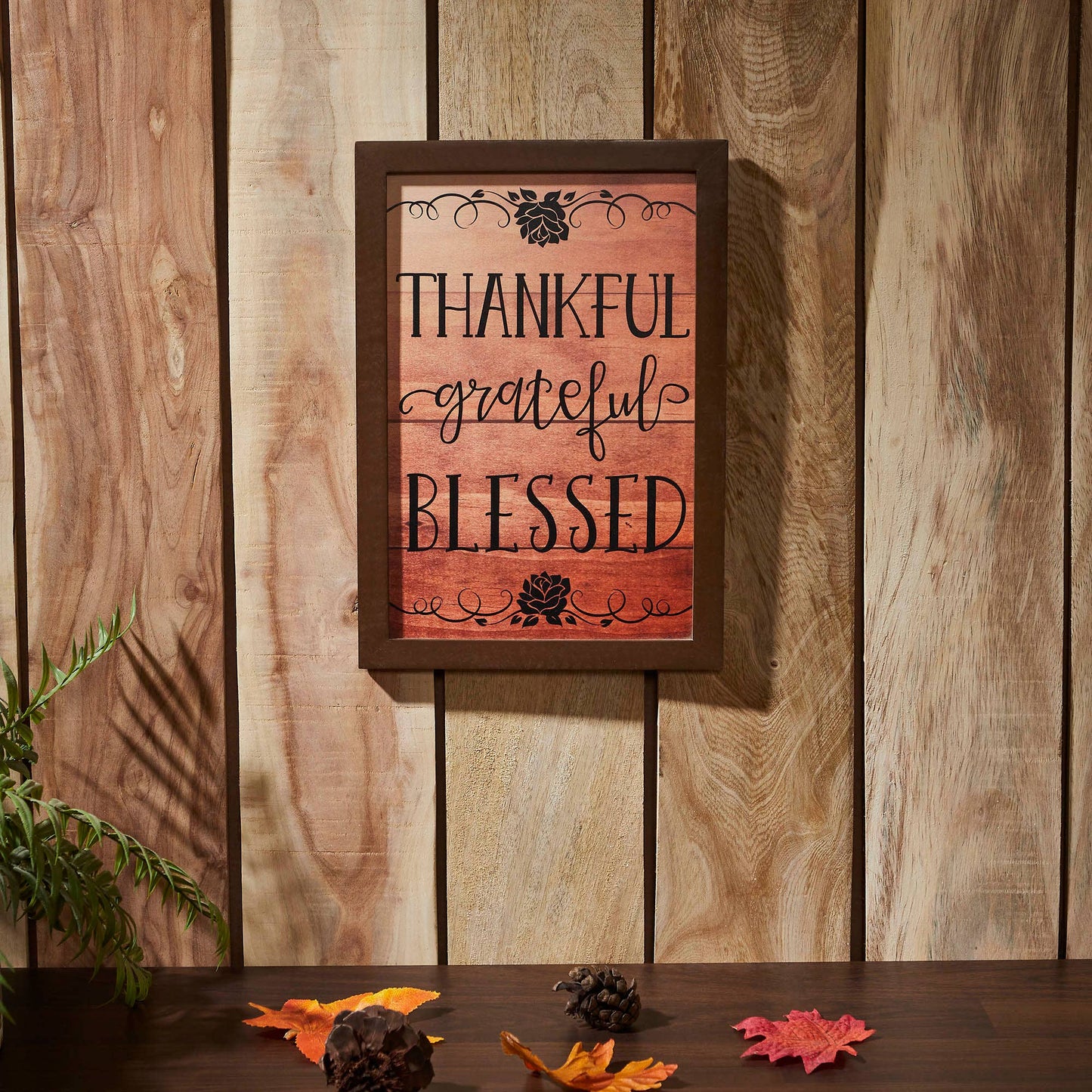 Natural Shiplap Farmhouse Wall Sign - Thankful Grateful Blessed Inspirational Home Decor 13x9 Inch