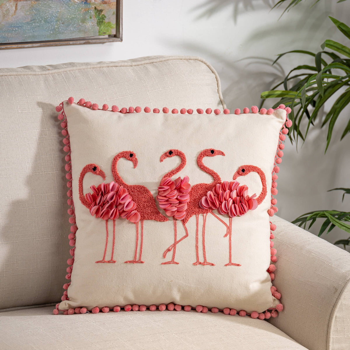 16"L Fabric Flamingo Design Pillow
