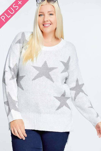 PLUS STAR PRINT LONG SLEEVE ROUND NECK SWEATER: Grey