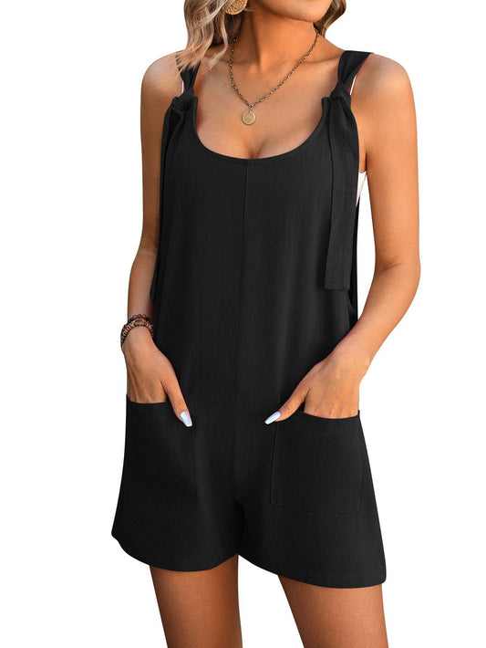 Casual Back Button  Shorts Jumpsuit Overalls:  Black / 30% Linen + 70% Rayon