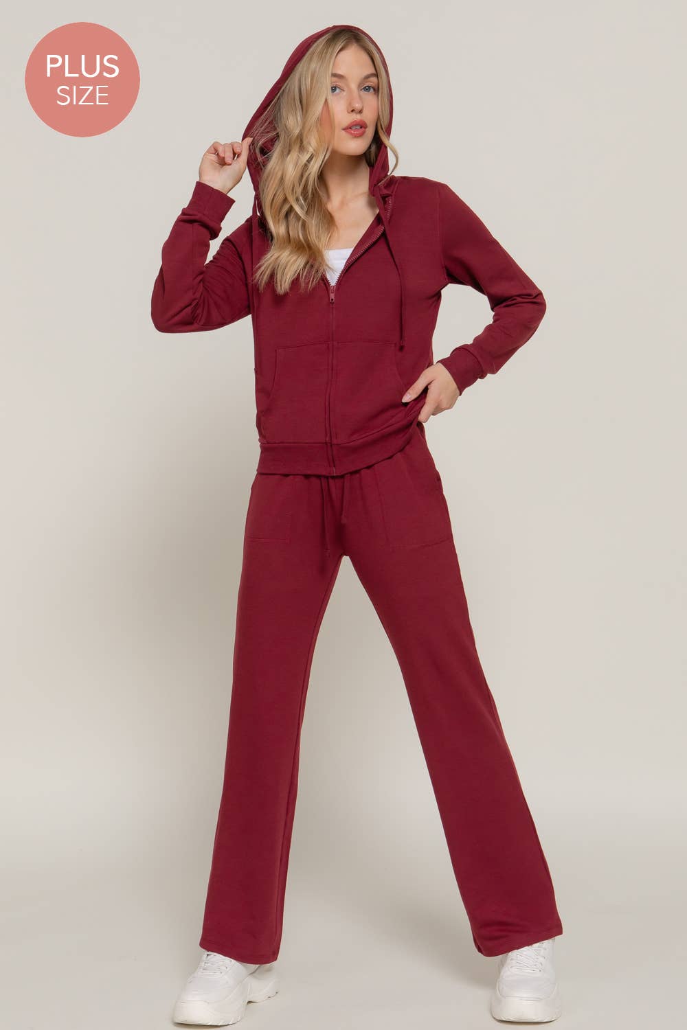 [PLUS SIZE] Long Slv Hoodie Jacket & Pants Sweatsuit Set  : BLK-black / 1XL