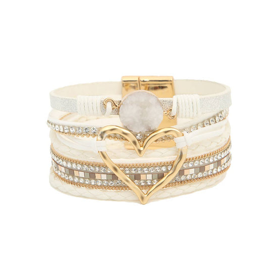 Bohemian Heart Rhinestone Magnetic Buckle Bracelet: White / Alloy / ONE SIZE