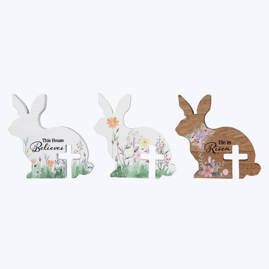 Wood Tabletop Bunny with Cutout Cross Easter Decor