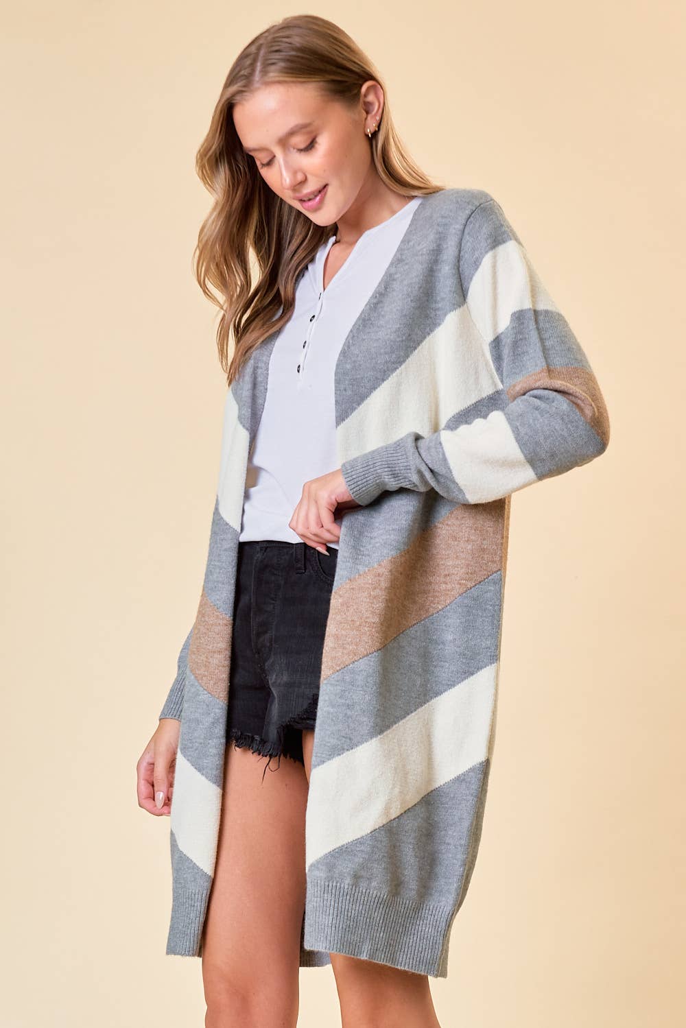 CHEVRON SWEATER CARDIGAN - 10492J: HEATHER GREY/CREAM /