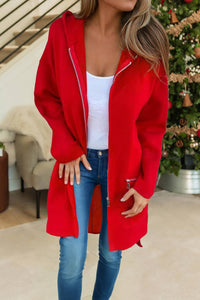 LDC Solid Color Casual Zip up Hooded Coat: Red