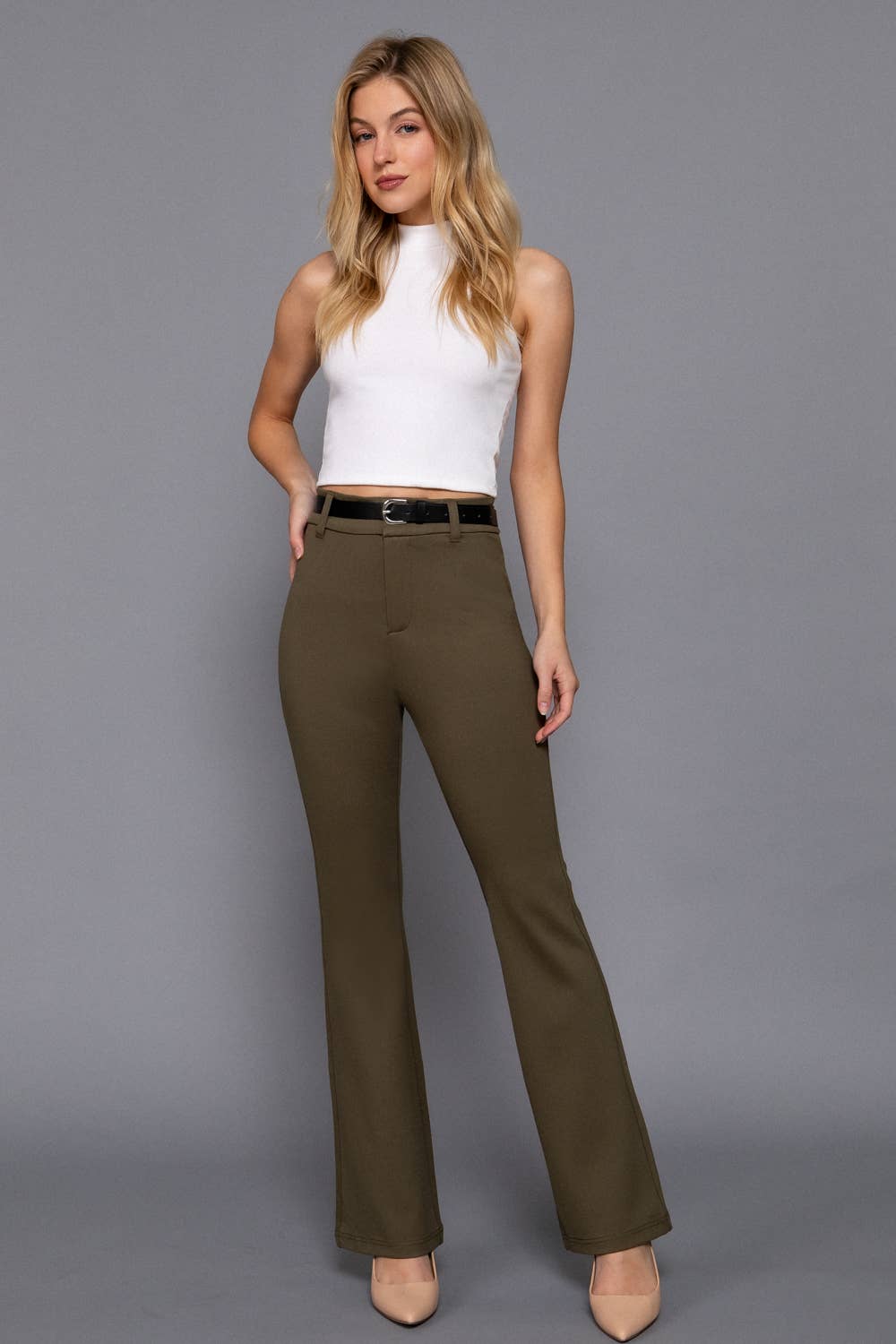 Semi Flare Ponte Pants with Leather Belt: BLK-black / L
