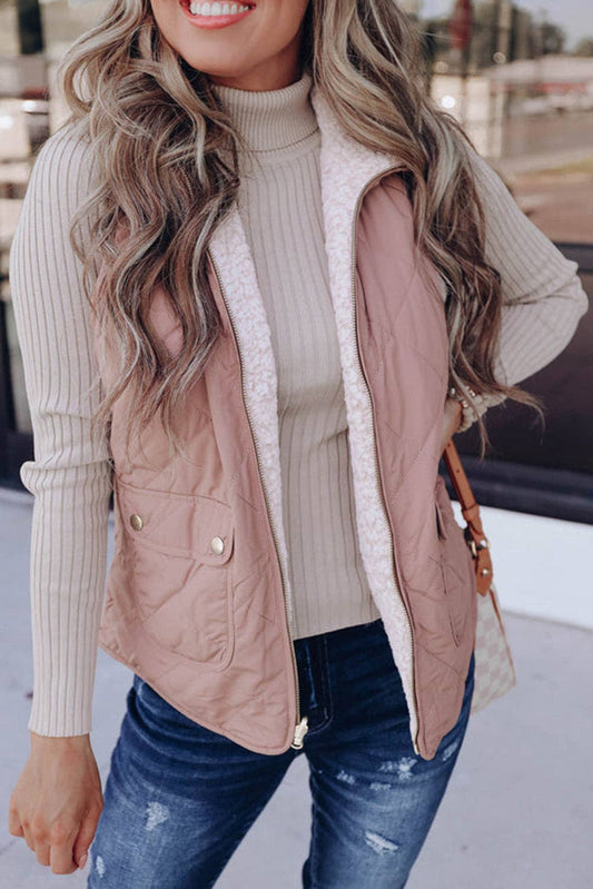 Pink Fleece Lined Quilted Vest Coats: Pink