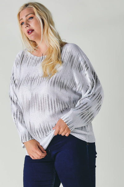 PLUS TIE DYE CREW NECK LONG SLEEVE SWEATER TOP: BEIGE/WHITE