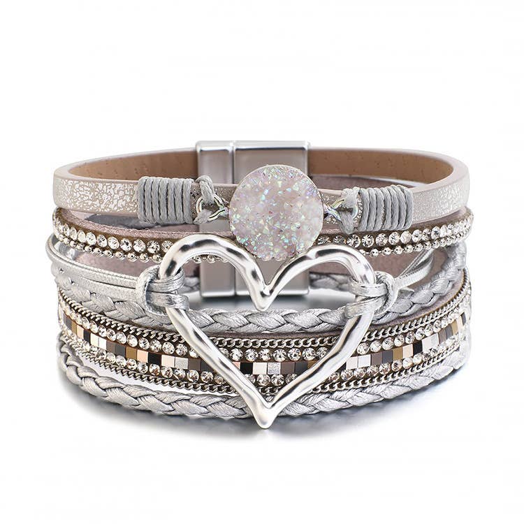 Bohemian Heart Rhinestone Magnetic Buckle Bracelet: White / Alloy / ONE SIZE