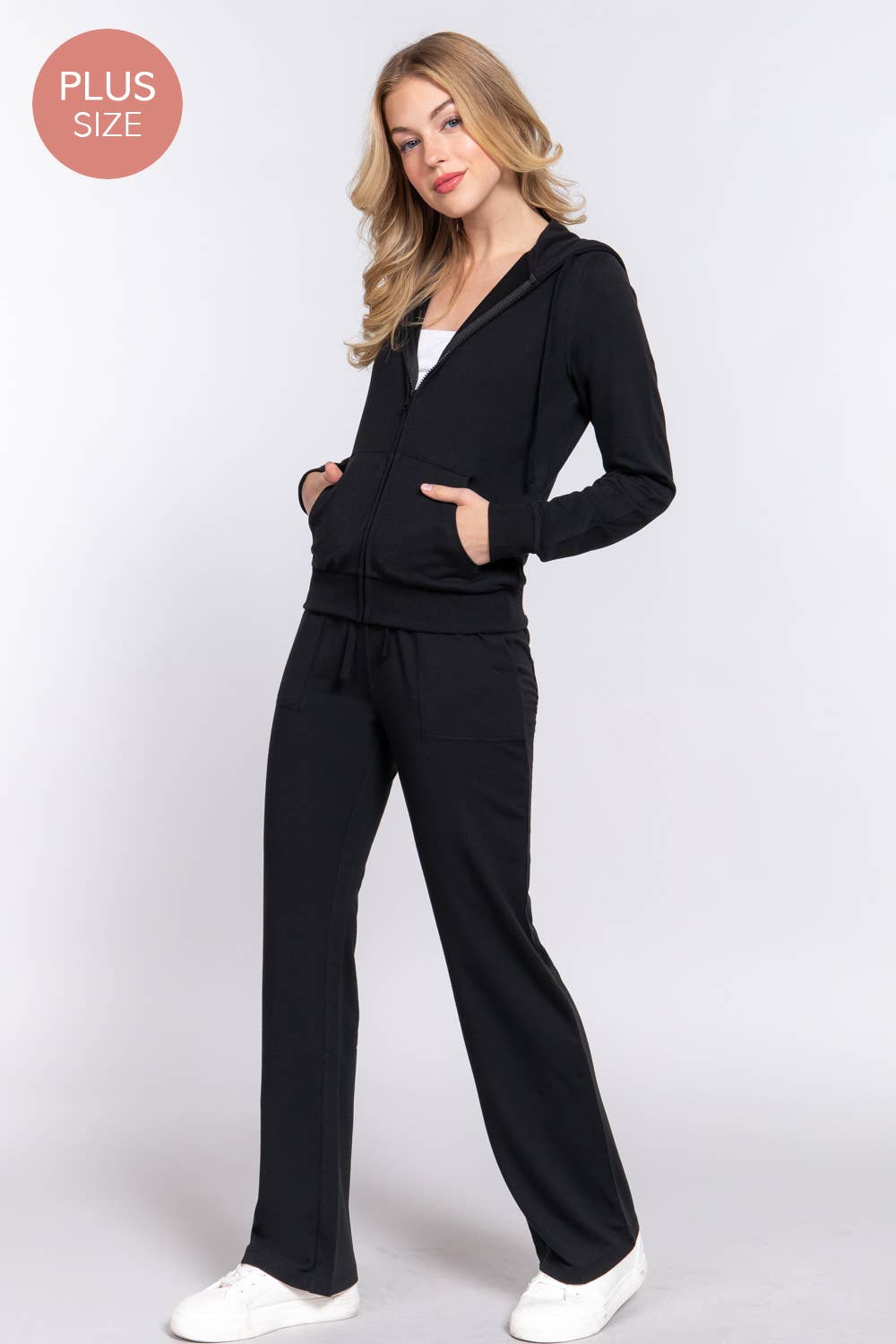 [PLUS SIZE] Long Slv Hoodie Jacket & Pants Sweatsuit Set  : IVY-cream