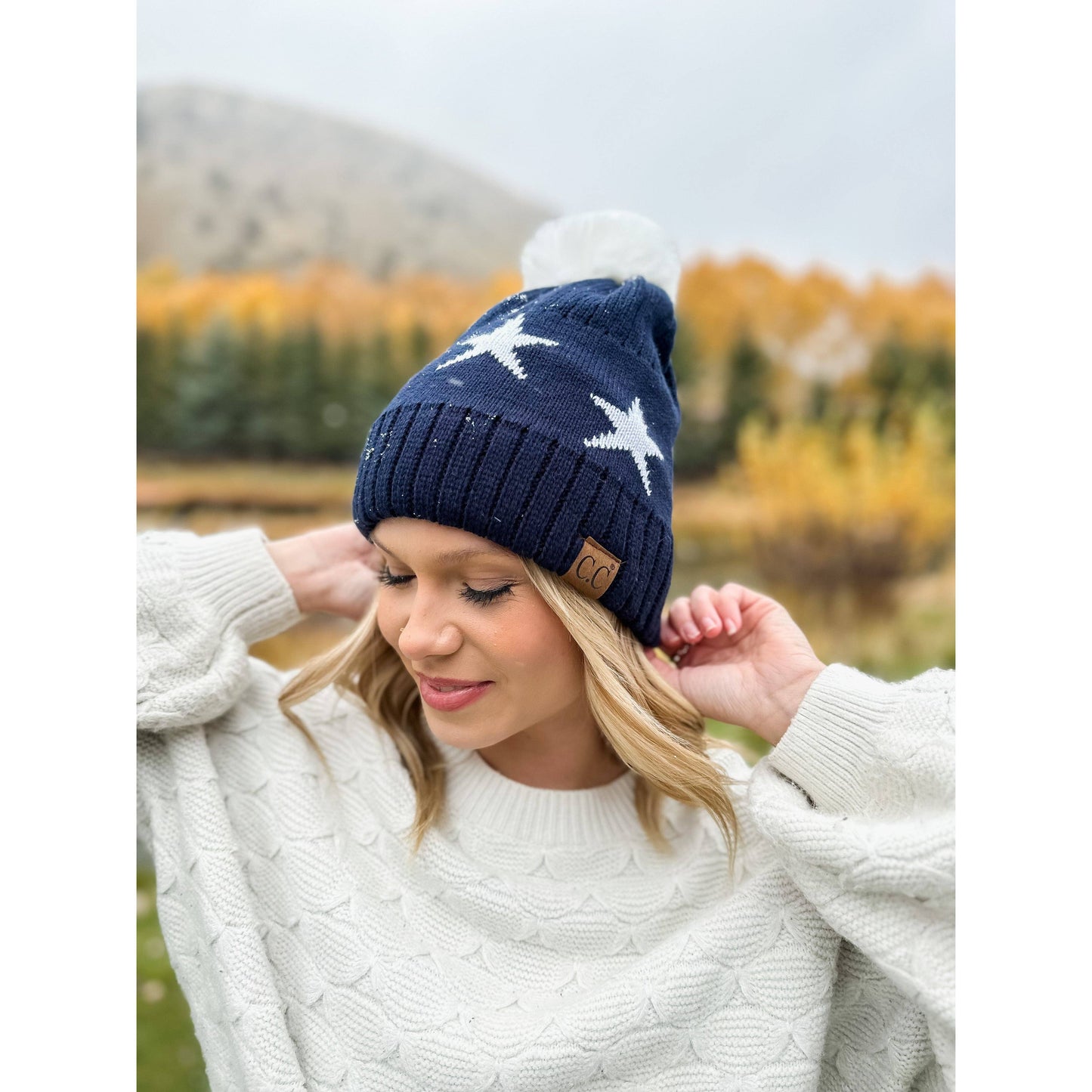 Star Print Pom C.C Beanie: Navy