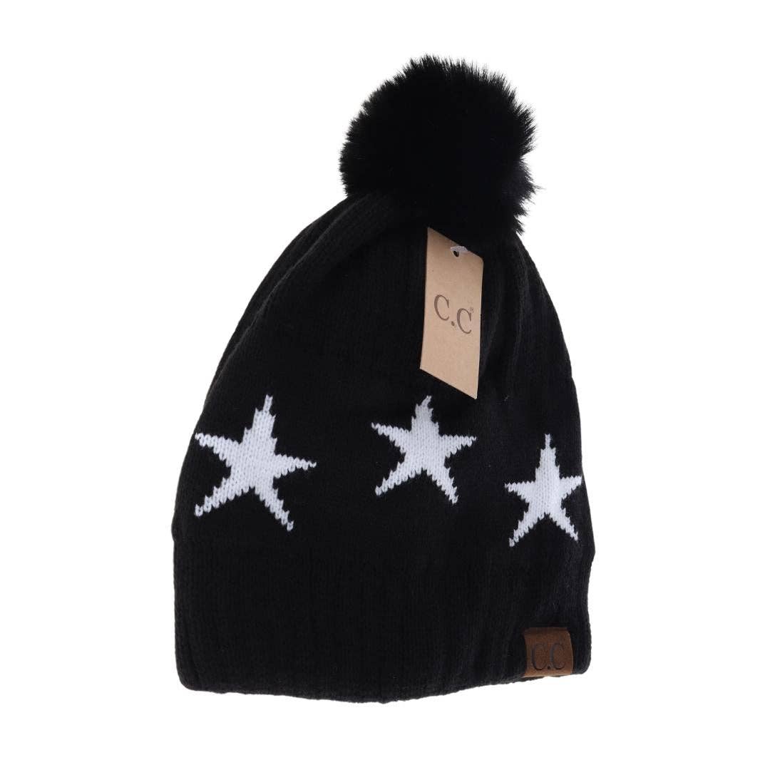 Star Print Pom C.C Beanie: Navy