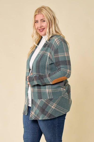 LMT2629PL-PLUS SIZE Hot Chocolate and Bon fired Plaid Cardi: TAUPE