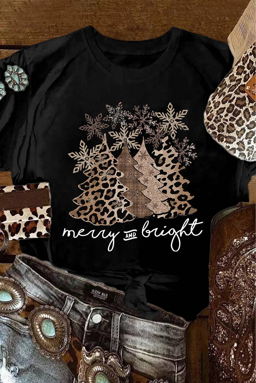 LDC Leopard Christmas Tree Graphic Crew Neck T Shirt: Black