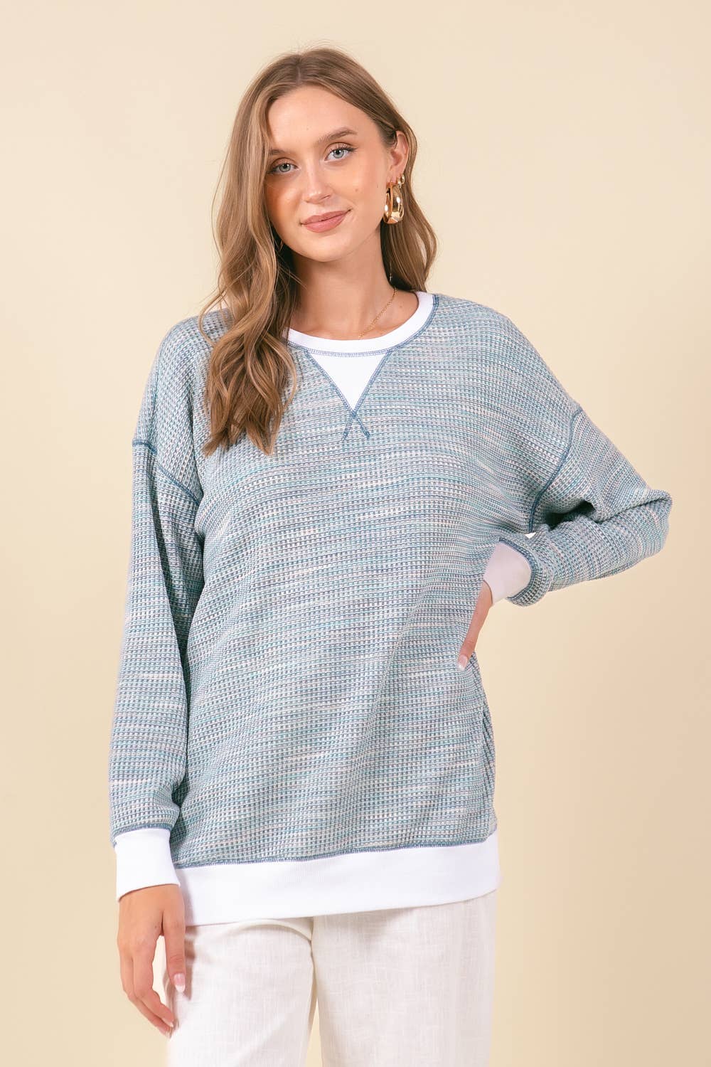 MULTI-COLORED WAFFLE KNIT DROP SHOULDER LONG SLEEVE - 44601T: RED MIX