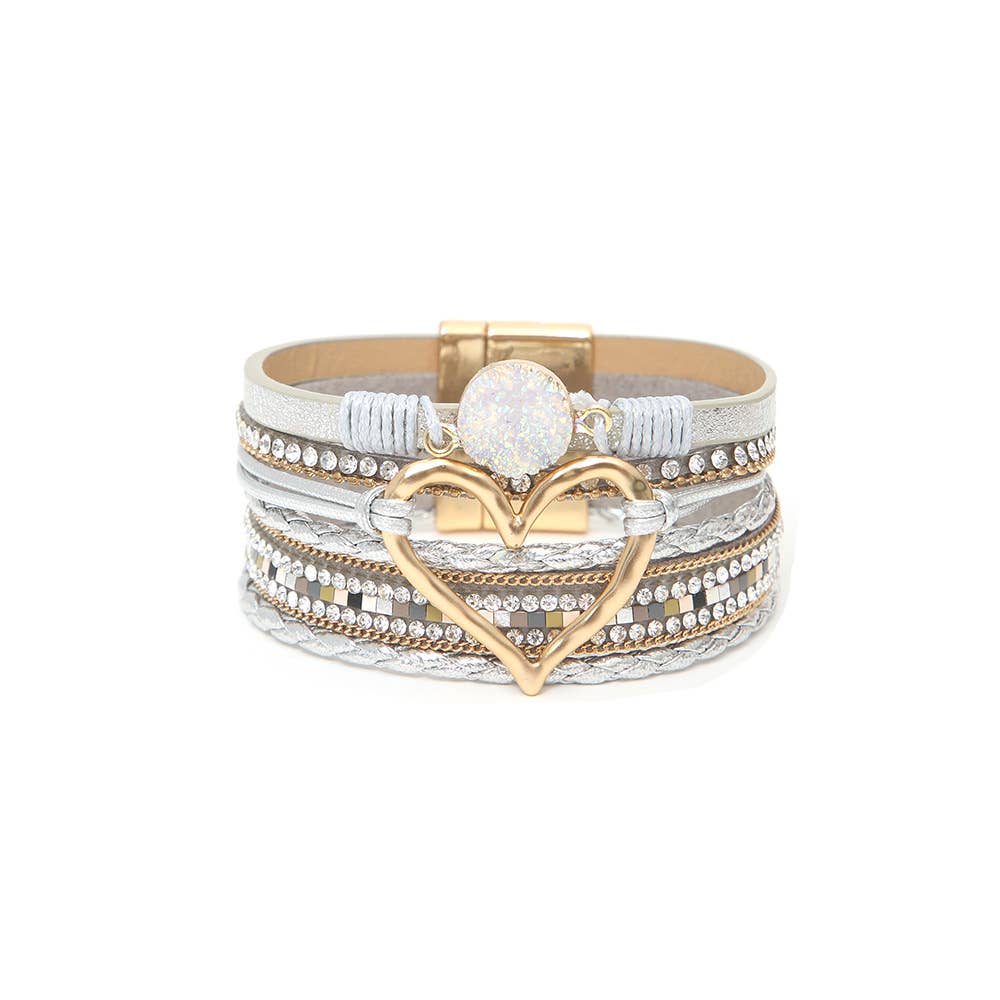 Bohemian Heart Rhinestone Magnetic Buckle Bracelet: White / Alloy / ONE SIZE