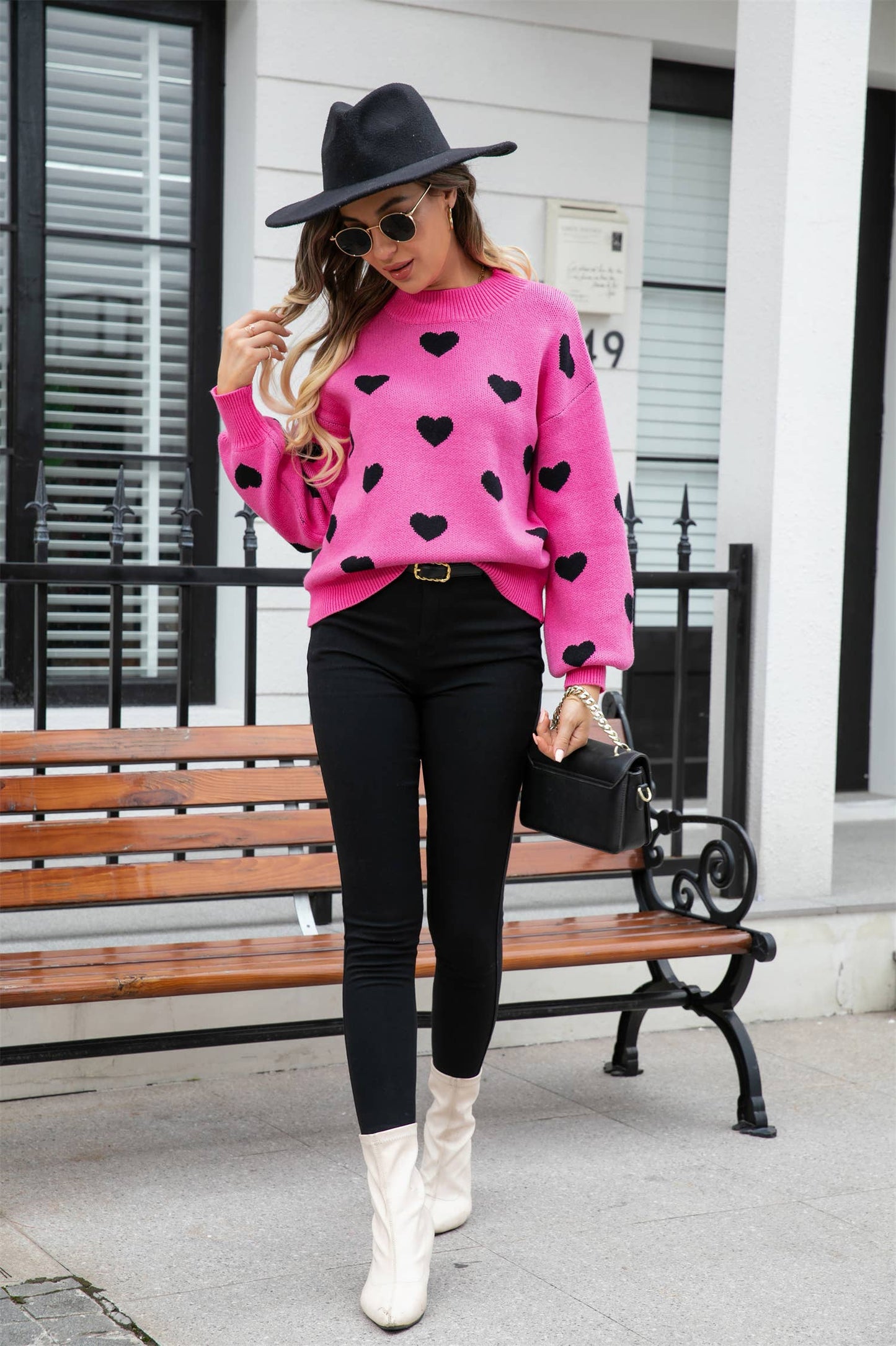 Heart Print Knit Sweater SZ53-SW9208: White