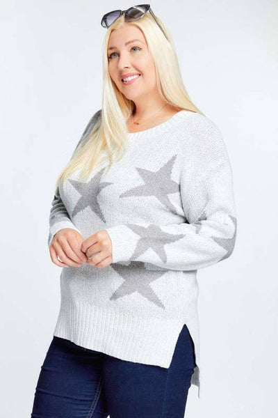 PLUS STAR PRINT LONG SLEEVE ROUND NECK SWEATER: Grey