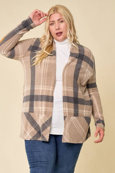 LMT2629PL-PLUS SIZE Hot Chocolate and Bon fired Plaid Cardi: TAUPE