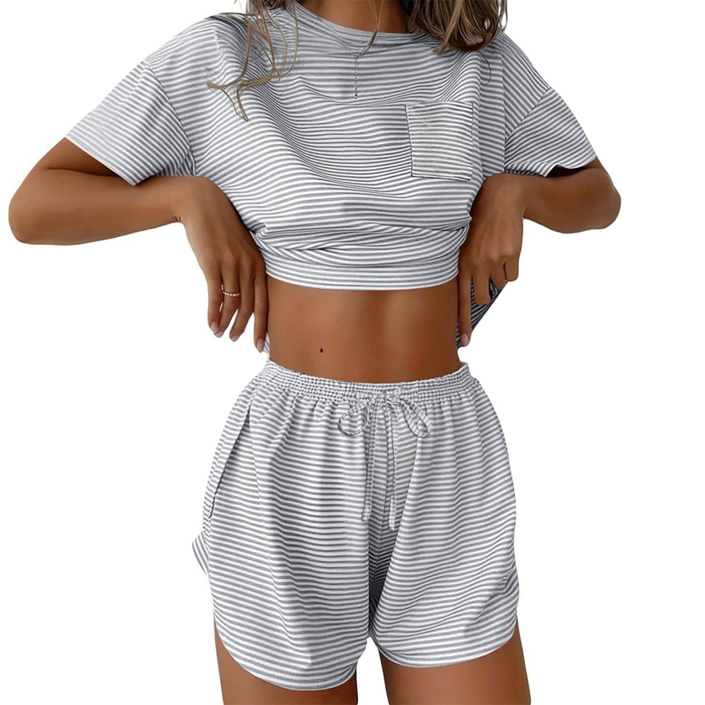 Pink Stripe Lounge Pajama Set Tee Top Drawstring Shorts: Light Gray