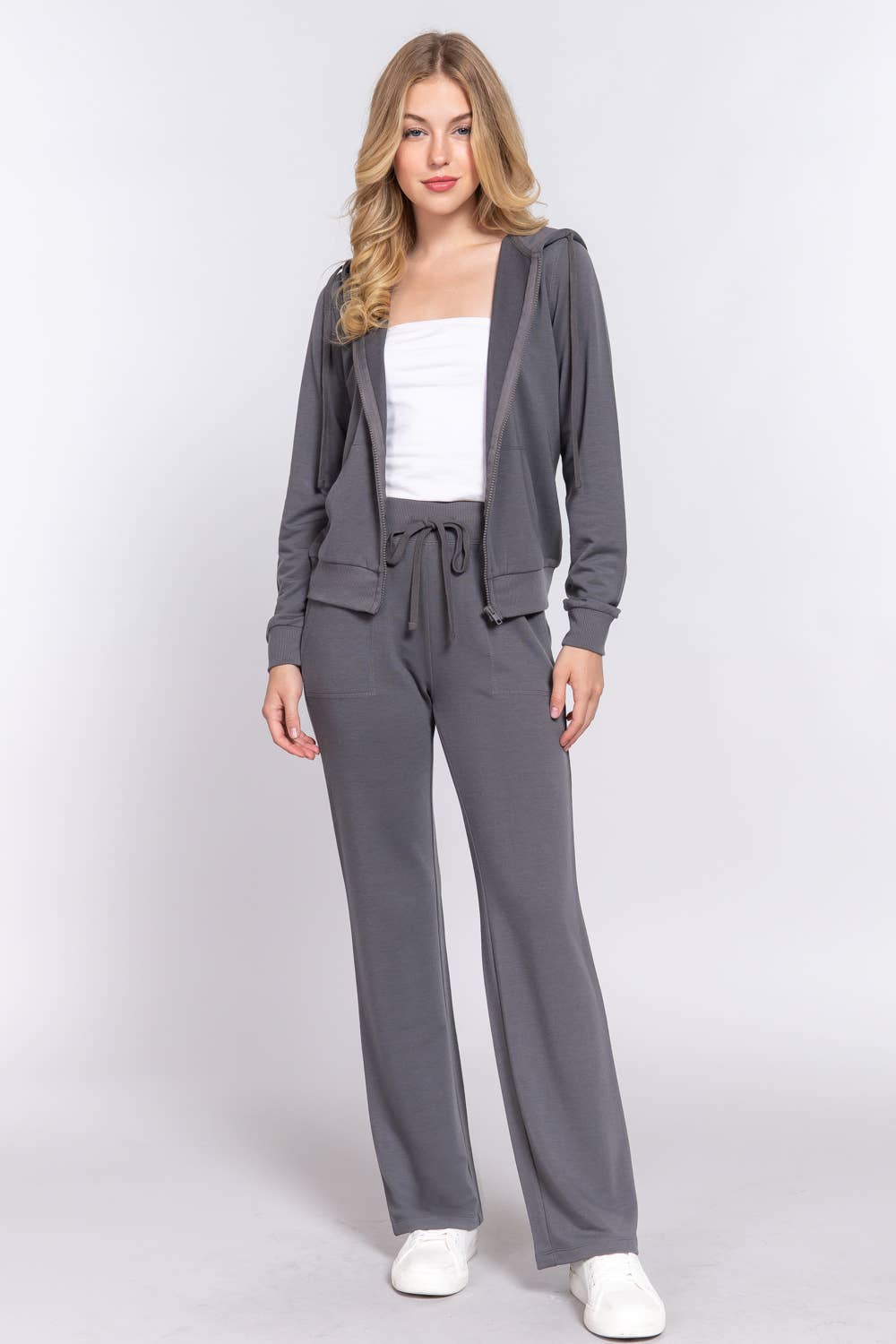 Long Sleeve Hoodie Jacket & Pants Sweatsuit Set  : charcoal