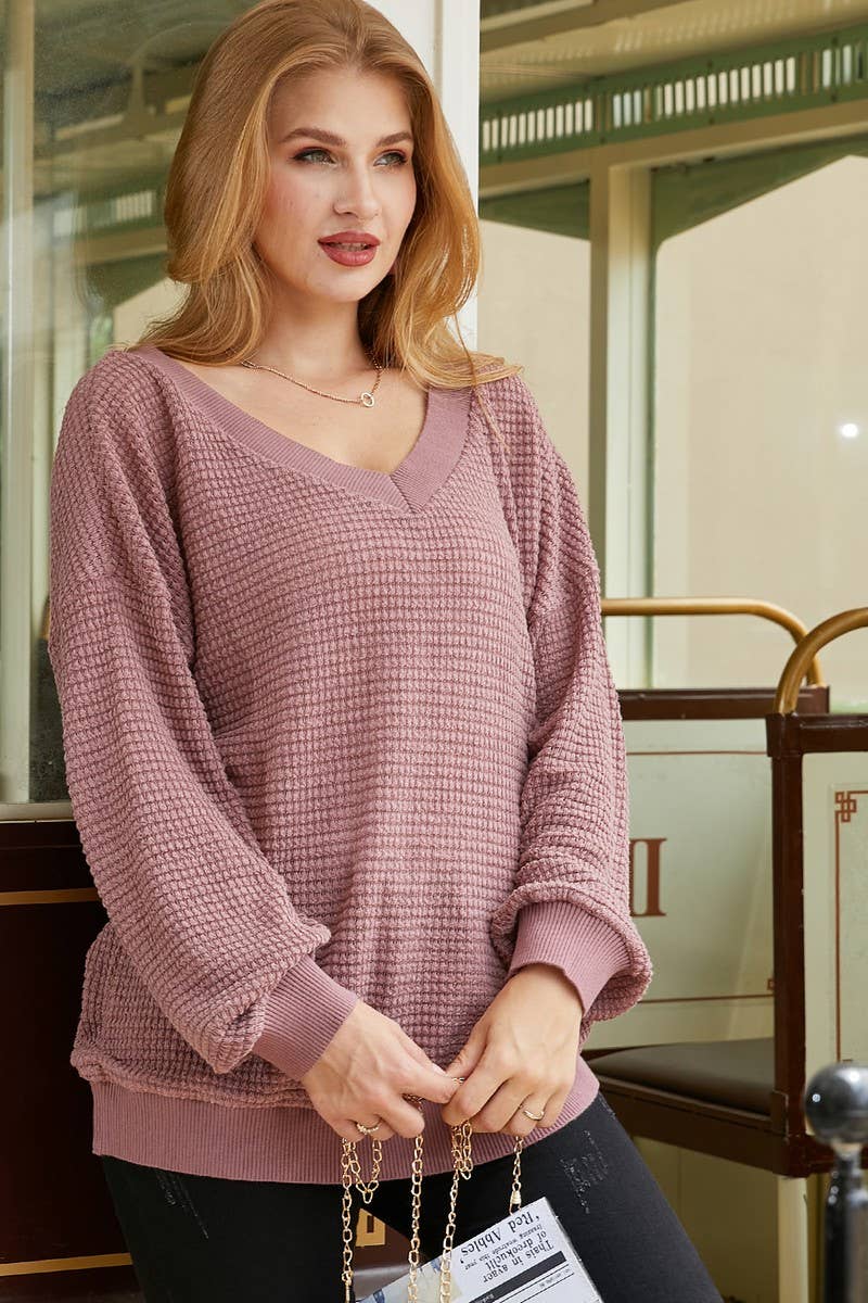 PURE V NECK LONG SLEEVED SHIRT_CWTSTL707: MAUVE
