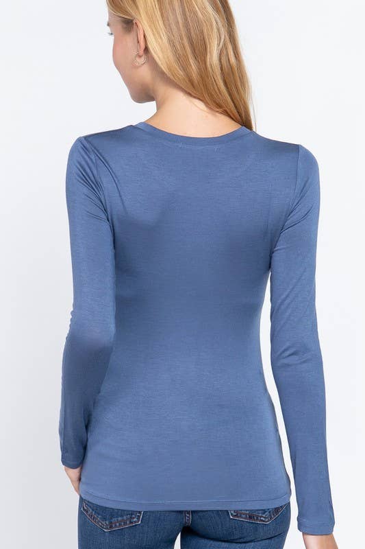 Long Sleeve Crew Neck Top Rayon Spandex Jersey Top: Blue