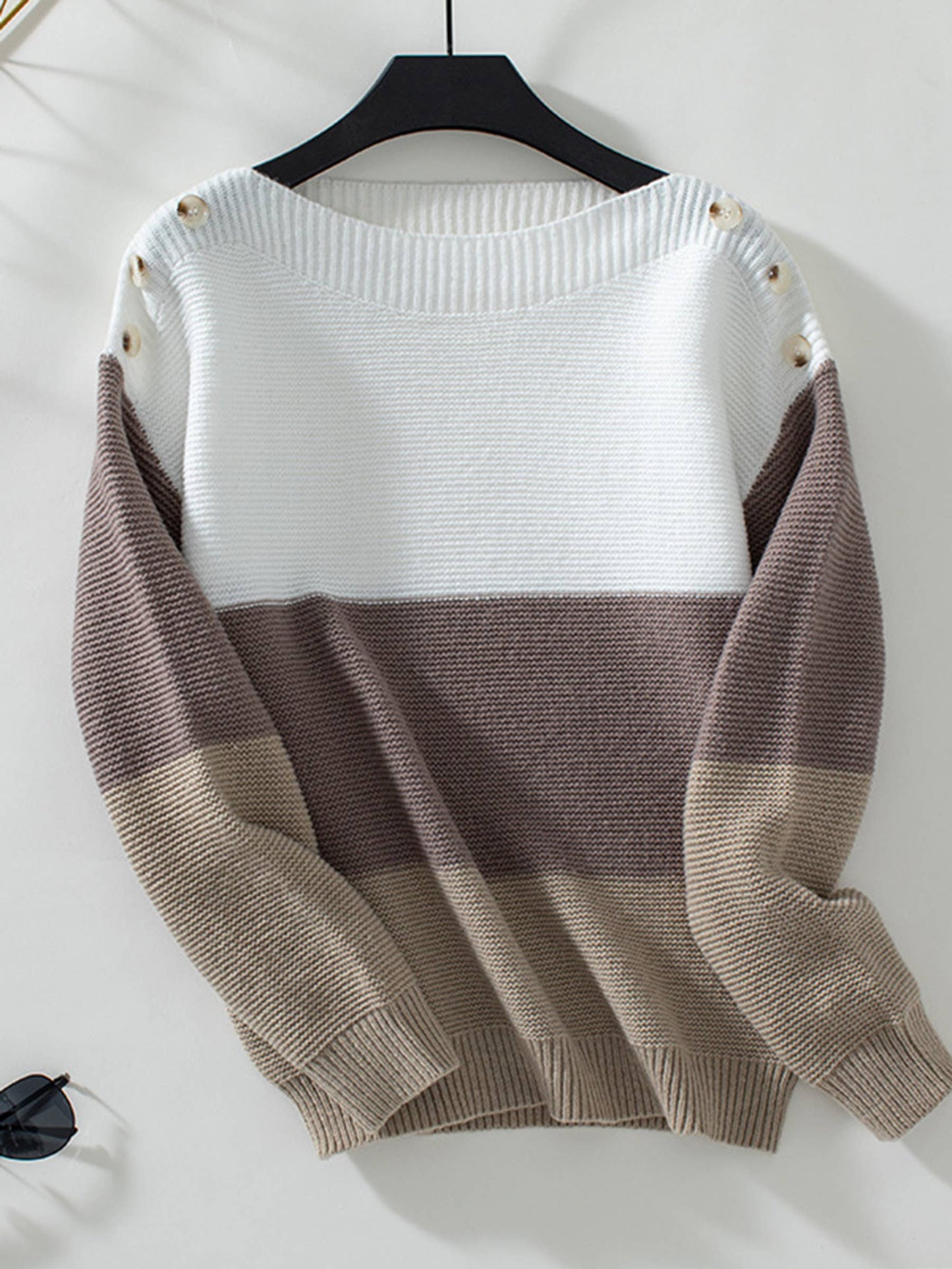 Loose Button Patchwork Contrasting Sweater: Brown