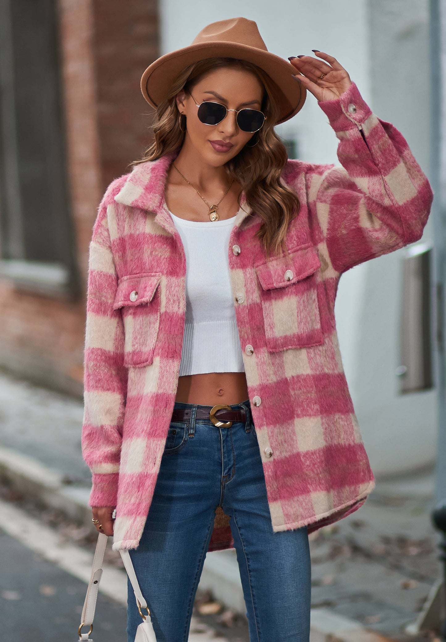 G5-JK6619 Fuzzy Plaid Button Down Shirt Jacket Shacket: Pink
