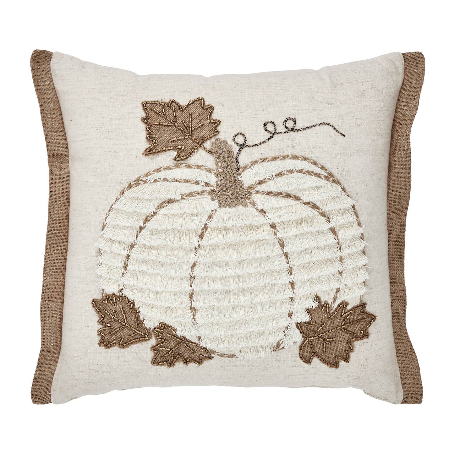Fall Harvest Farmhouse Embroidered Pumpkin Jute Flange Throw Pillow 18x18