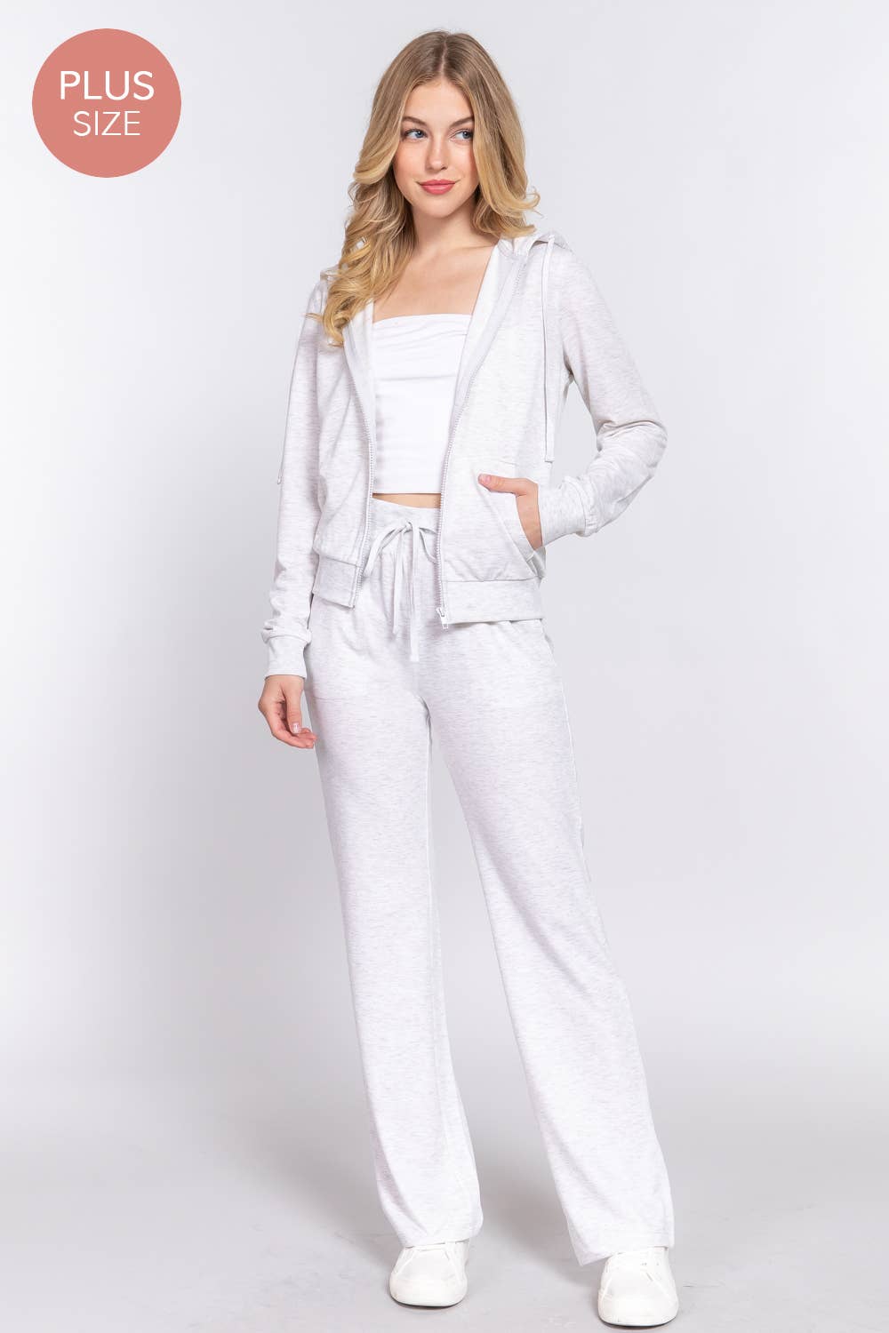 [PLUS SIZE] Long Slv Hoodie Jacket & Pants Sweatsuit Set  : IVY-cream