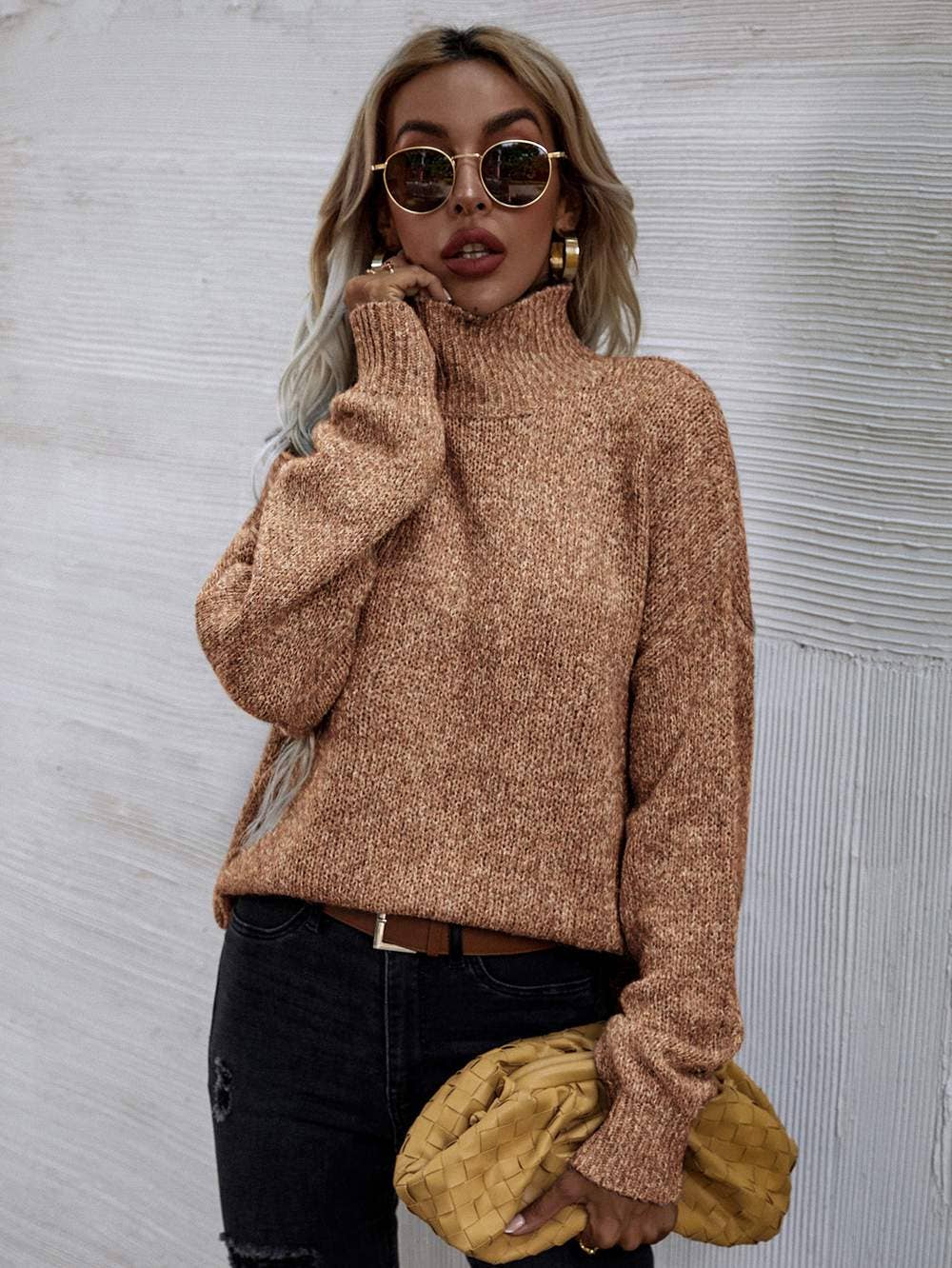 High neck drop shoulder sweater