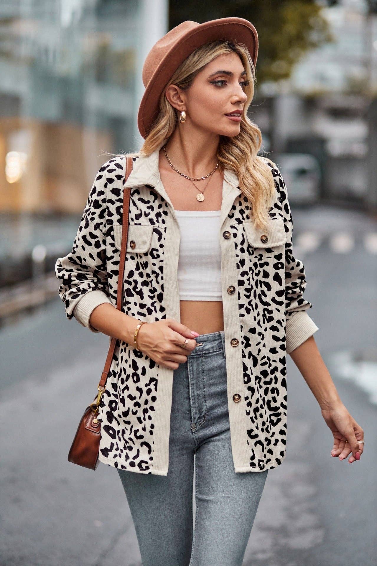 Leopard Corduroy Shirt Jacket - Button Down Oversized Fit
